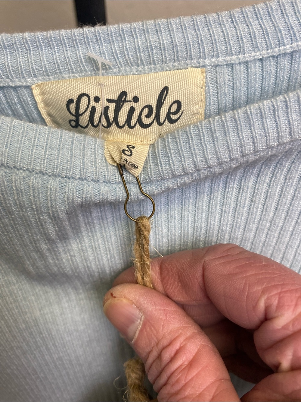 Listicle Pale Blue Scoop Neck Ribbed Hem Drawstring Top - Picture 2 of 9